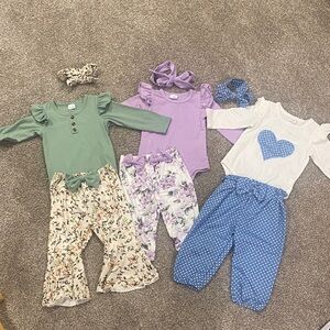 Baby girl long sleeve and pants outfits and mathching bows brand new never worn